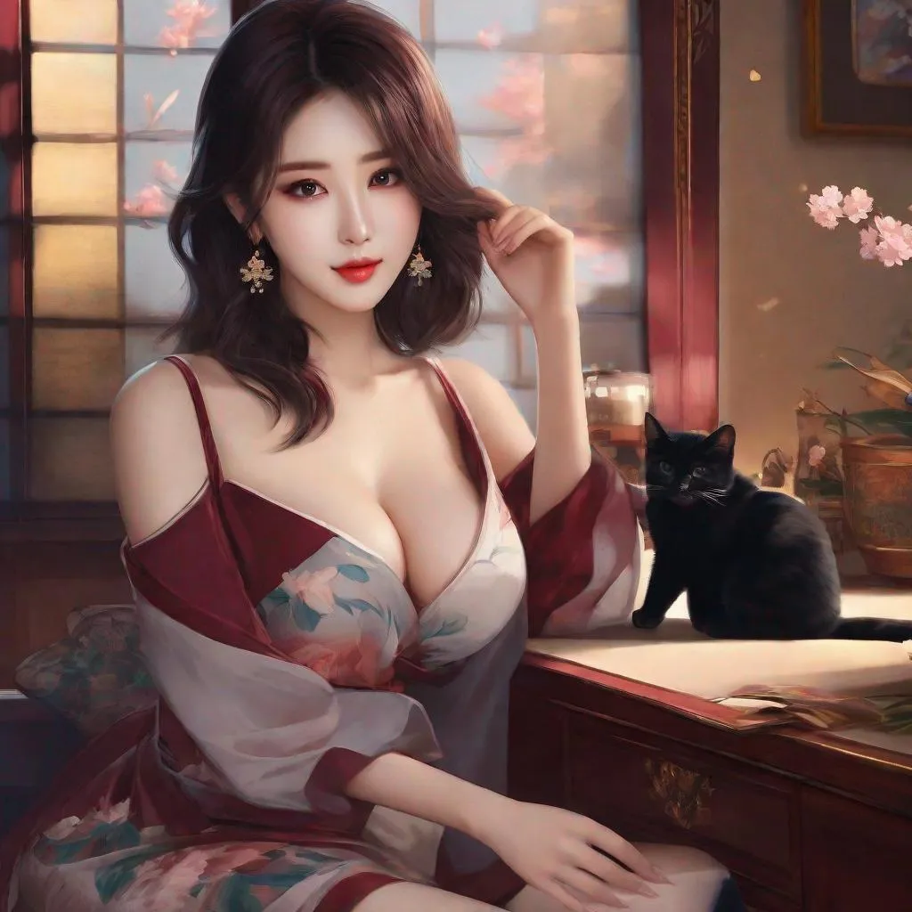 Prompt: My prompt> Humble, Masterpiece, Kang Mina type face, Kang Mina type body, 20 year old milf, from his pov,  ulzzang, realistic kpop idol,  dark burgundy hair, beautiful woman, big chest, B cup, uhd, realistic, 4k, 8k, photoshoot, extremely high definition, perfection, Hokusai type painting,  cat girl, dog girl, fox girl, playboy, scenic, portrait, insanity, breathtaking, iridescent, complex, impressive, remarkable, glorious, grandiose, sumptuous, luxurious, 