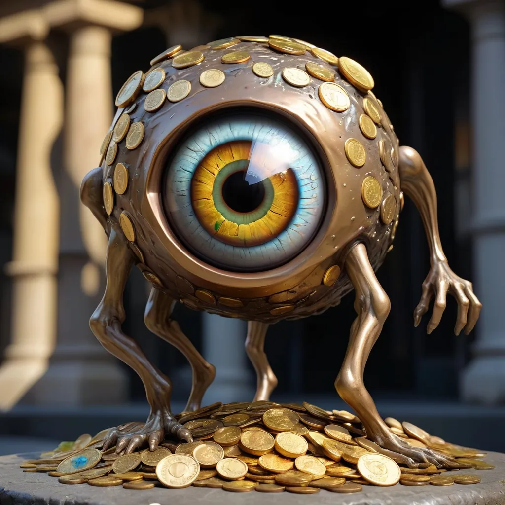 Prompt: Giant Eyeball monster covered in bronze and gold coins a dead body at it's feet covered in the same, best quality, masterpiece