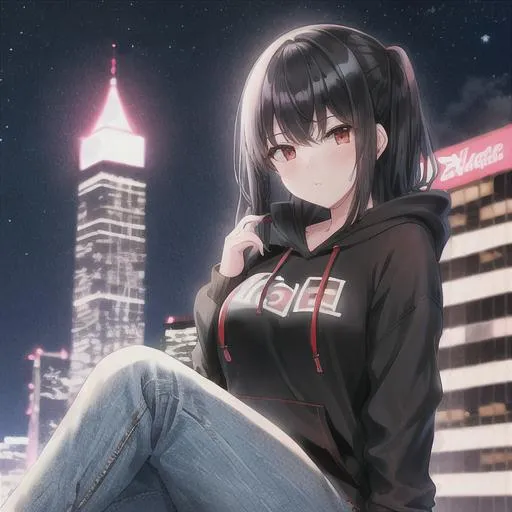 Prompt: Girl with black hair and red eyes in a cityscape at night wearing a black hoodie and jeans moon in the background 