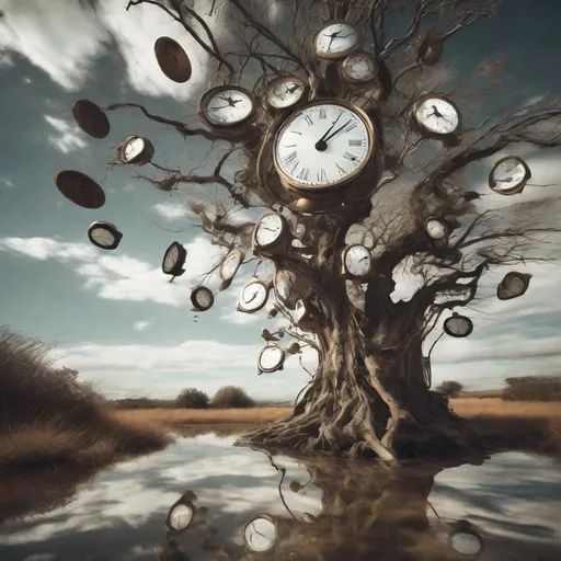 Prompt: A surreal scene featuring melting clocks draped over tree branches, surrounded by floating abstract elements in a dreamlike landscape. Shot with a wide-angle lens to capture the vastness of the surreal world.