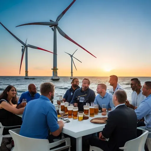 Prompt: A racially diverse (white, black and south asian) group of offshore wind professionals networking outside with beer and wine at the edge of the sea with offshore wind turbines in the background at sunset
