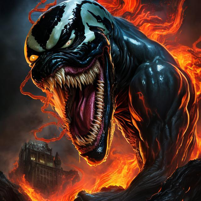 Prompt: venom with the joker face in the hell city castle and flames and smoke on mars , hyper-realistic, photorealism, hyper detailed texturing, high resolution, best quality, UHD, HDR, 8K