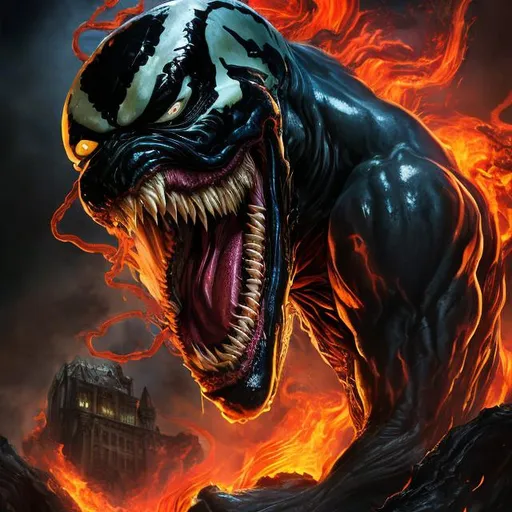Prompt: venom with the joker face in the hell city castle and flames and smoke on mars , hyper-realistic, photorealism, hyper detailed texturing, high resolution, best quality, UHD, HDR, 8K