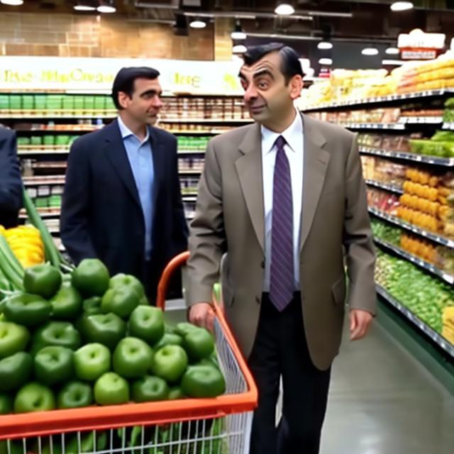 Prompt: Mr.Bean at a Whole Foods stealing 