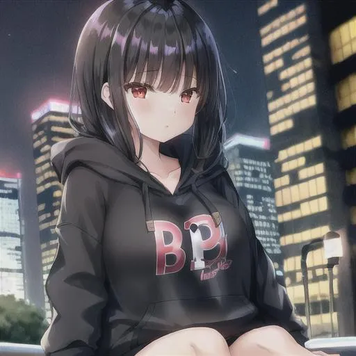 Prompt: Girl with black hair and red eyes in a cityscape at night wearing a black hoodie big boo b s
 