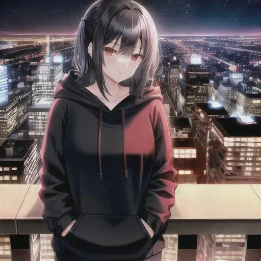 Prompt: Girl with black hair and red eyes in a cityscape at night wearing a black hoodie 