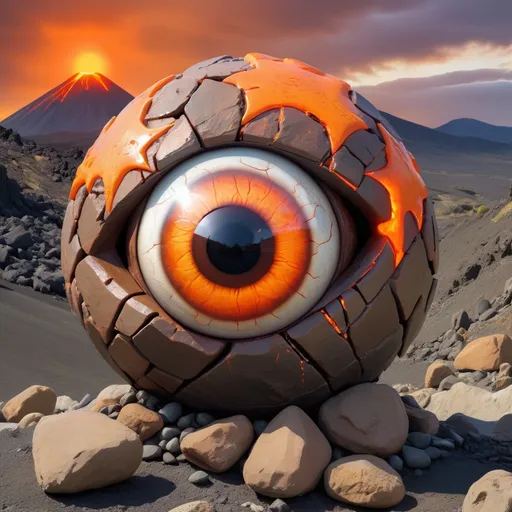 Prompt: Giant Eyeball monster made of re and bronze rocks and covered in glowing orange demonic markings, best quality, masterpiece, background volcanic landscape