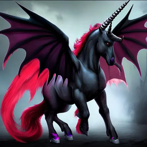 Prompt: Realistic Unicorn batwings demon pony hybrid blood red fur black hooves black mane and tail with red highlights Black Horn black eyes