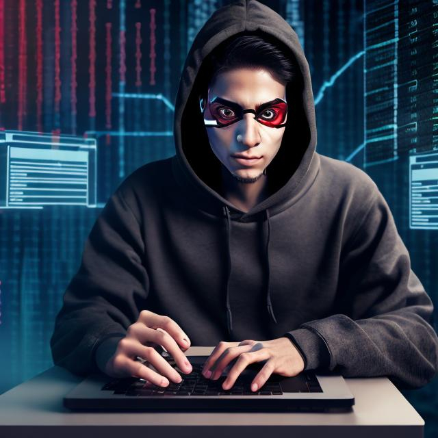 Prompt: data scientist at work,
 black hoddie, play laptops ,  hacker, concept art, zoom-out , alone , looking to camera, full body, red eyes, hackers rooms vibe, realistic hands on nose, shy