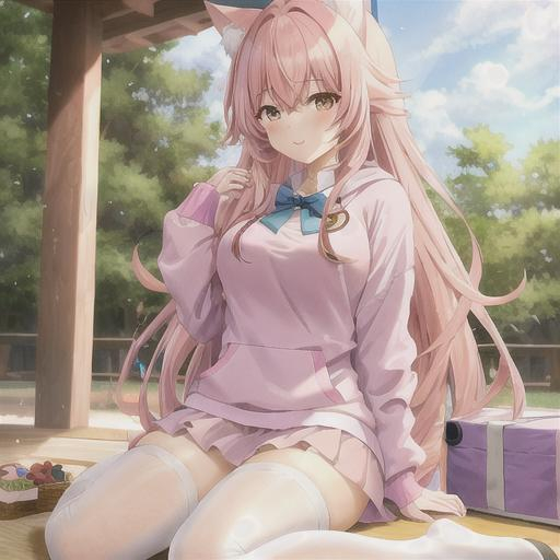 Prompt: cute Anime girl with long pink hair and cat ears wearing purple thigh highs and an oversized pink hoodie and pink skirt and sitting at a picnic