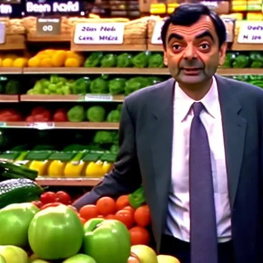 Prompt: Mr.Bean at a Whole Foods stealing 