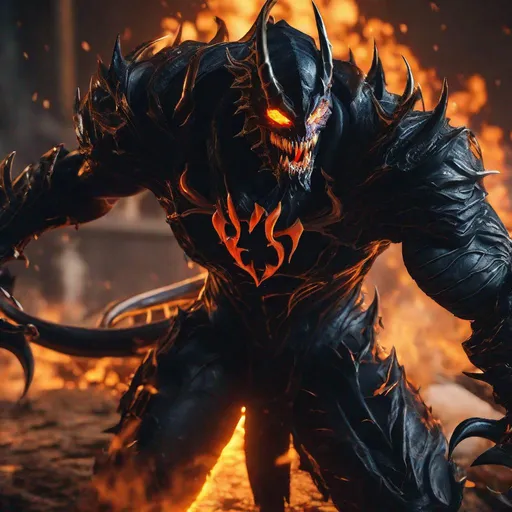 Prompt: a death knight with a Venom mouth (Venom movie), with horns forward on his forehead, orange fire eyes, fighting against demons, Hyperrealistic, sharp focus, Professional, UHD, HDR, 8K, Render, electronic, dramatic, vivid, pressure, stress, nervous vibe, loud, tension, traumatic, dark, cataclysmic, violent, fighting, Epic