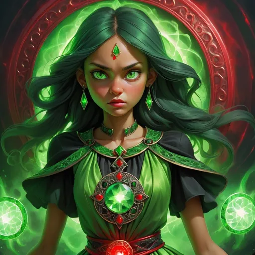 Prompt: Girl of green magic dressed in green. Charges of red and black energy disburst from green aura that surrounds her. Detail medallian green jewel on dress