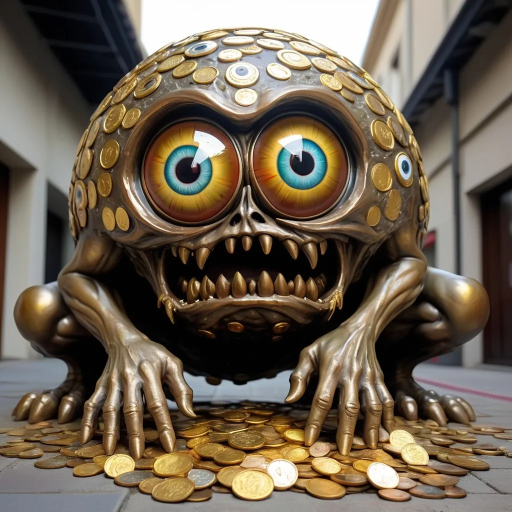 Prompt: Giant Eyeball monster covered in bronze and gold coins a dead body at it's feet covered in the same, best quality, masterpiece