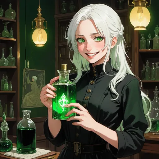 Prompt: a anime girl with green eyes, white hair, holding poisonous lab bottle in her hand, green palette, black clothes, a lamp in the background with a light on, Évariste Vital Luminais, remodernism, official art, a detailed painting, 2d art, evil laugh