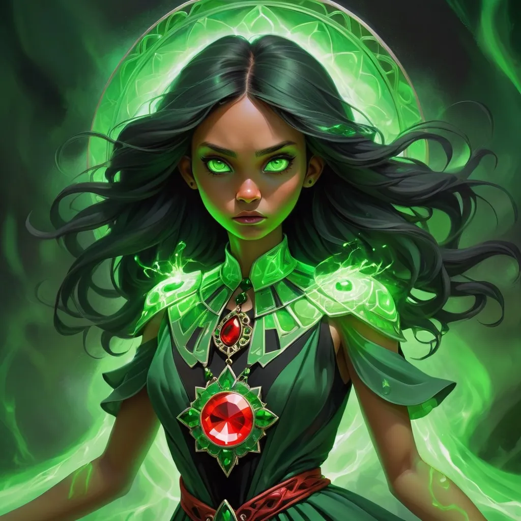 Prompt: Girl of green magic dressed in green. Charges of red and black energy disburst from green aura that surrounds her. Detail medallian green jewel on dress