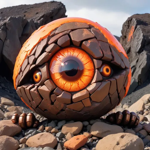 Prompt: Giant Eyeball monster made of brown and bronze rocks and covered in glowing orange demonic markings, best quality, masterpiece, background volcanic landscape