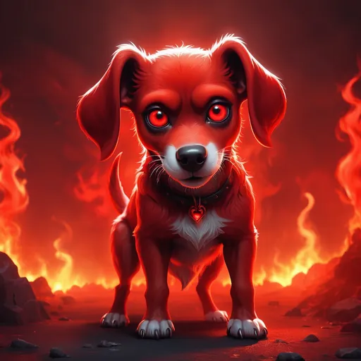 Prompt: A red dog of hell. cute style. Bright lighting.  Hell hound. Hell setting. Black eyes, highres