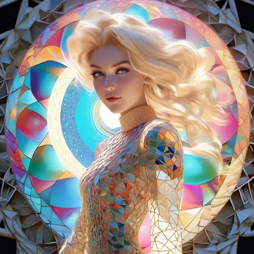 Prompt: full color newton fractal in hyperbolic sine function in voronoi spectacular background with sun and moon, Beatiful Miley Cyru with long blonde julia sets fractal balayage hair, holding the sun, highly-detailed, elegant, dramatic lighting, gorgeous face, lifelike, photorealistic full body, full dark color fibonacci spiral in dark julia sets fractal in voronoi Lace Blouse, full color lorenz fractal in voronoi Shorts.