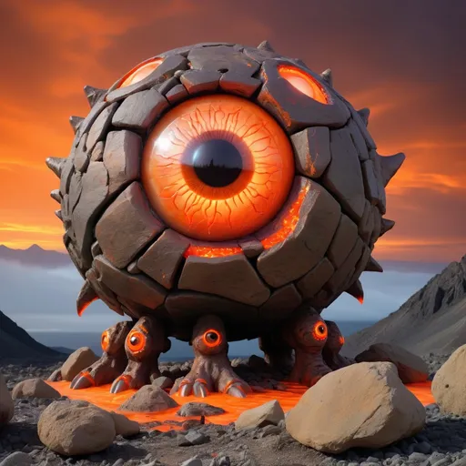 Prompt: Giant Eyeball monster made of re and bronze rocks and covered in glowing orange demonic markings, best quality, masterpiece, background volcanic landscape