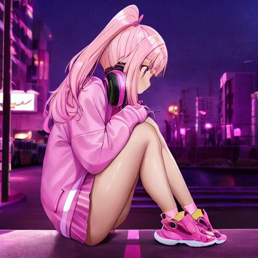 Prompt: Side view, young, anime girl, 12 years old, sitting on concrete block, cyberpunk, night, future city, pink headphones, pink jacket, gyaru, ganguro, dark skin, aesthetic, neon windows