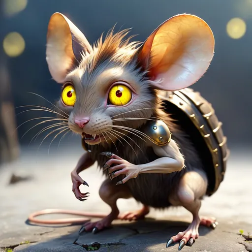 Prompt: Bipedal creature resembling a mouse with glowing evil yellow eyes brown fur with dark grey metal shell covering it and rusted nails poking out of it's shell and body, masterpiece, best quality