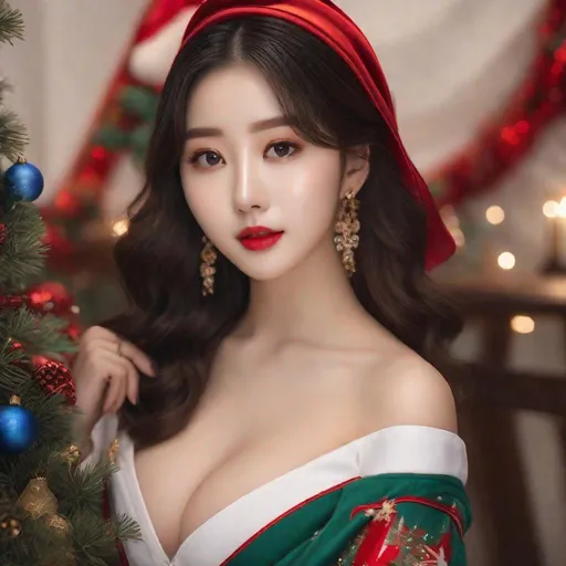 Prompt: Masterpiece, eunha,  ulzzang, slim thick, big chest, soft visuals, uhd, realistic, 4k, 8k,  photoshoot, extremely high definition, perfection, leonardo da vinci type painting, christmas outfit
