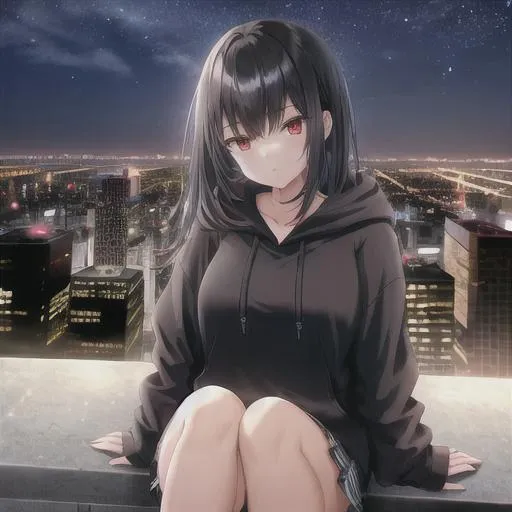 Prompt: Girl with black hair and red eyes in a cityscape at night wearing a black hoodie 