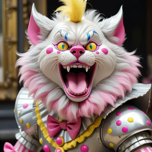 Prompt: silver and white furred Thundercat that is clown-like with a pink bow and yellow pointed shoes sticking their tongue out and wearing mirror armor, background fancy store, best quality, masterpiece