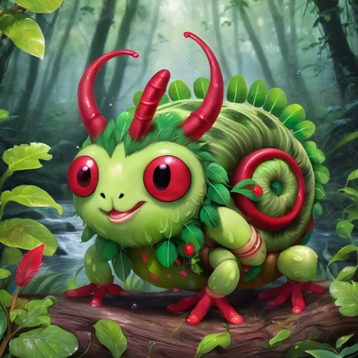 Prompt: Kiwi Caterpie with green feathers and red Y horn, Type is Bug/Water, best quality, masterpiece, background forest