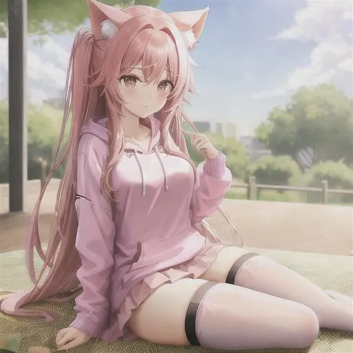 Prompt: cute Anime girl with long pink hair and cat ears wearing purple thigh highs and an oversized pink hoodie and pink skirt and sitting at a picnic