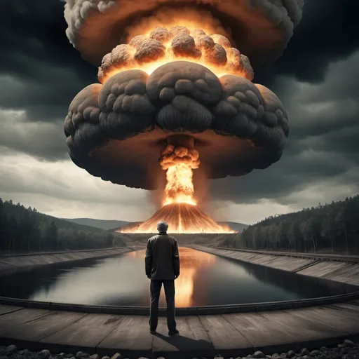Prompt: A sad man standing on dam, looking over a burning valley, with a nuclear mushroom cloud in the background. Photorealistic, eerie, dark