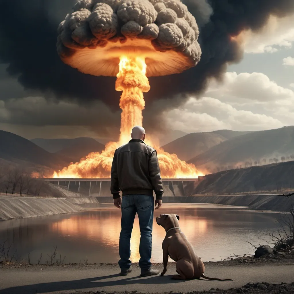 Prompt: A sad man standing with a pitbull on dam, looking over a burning valley, with a nuclear mushroom cloud far in the background.  Photorealistic, eerie, dark