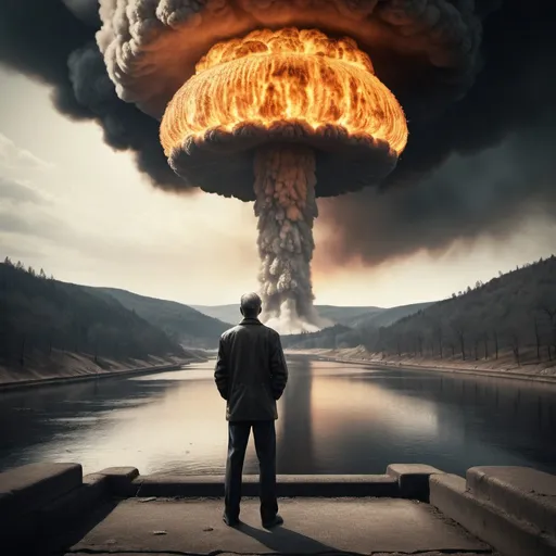 Prompt: A sad man standing on dam, looking over a burning valley, with a nuclear mushroom cloud in the background. Photorealistic, eerie, dark