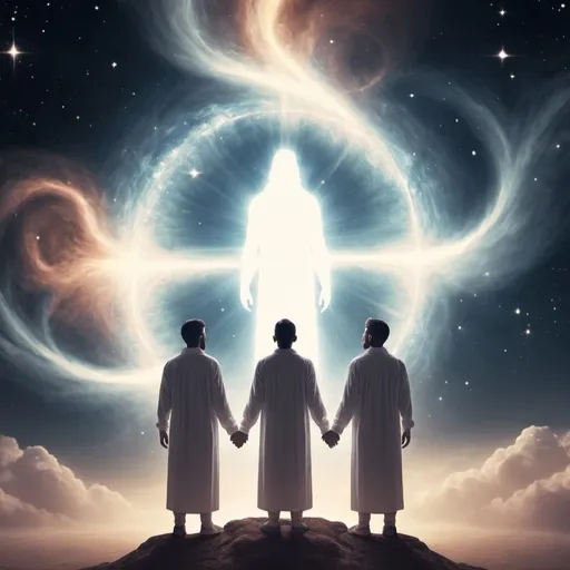 Prompt: God making 2 brothers, but they look like spirits and they’re in heaven. The universe faded is in the background 