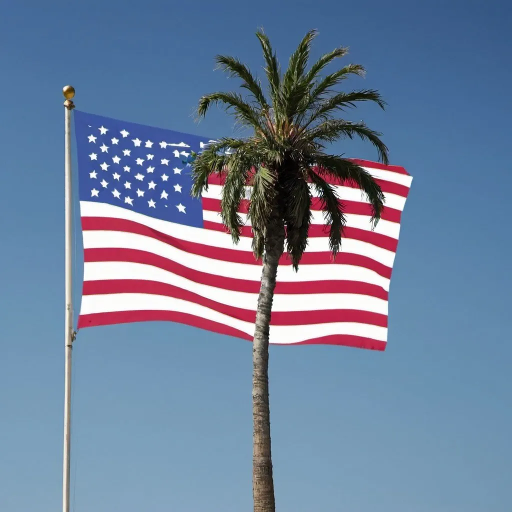 Prompt: Palm tree in front of USA flag logo
