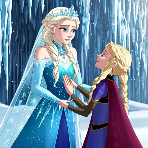 Prompt: Queen Elsa in Ahtohallan, reuniting with her mother: Queen Iduna's spirit
