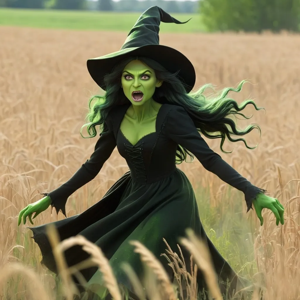 Prompt: Green witch: Elphaba runs through the field
