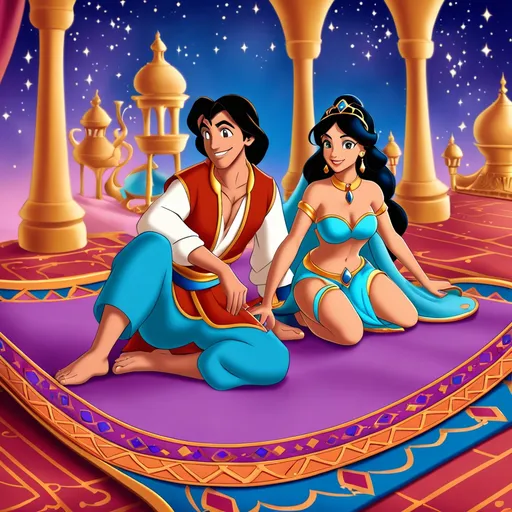 Prompt: Princess Jasmine and Aladdin on the magic carpet