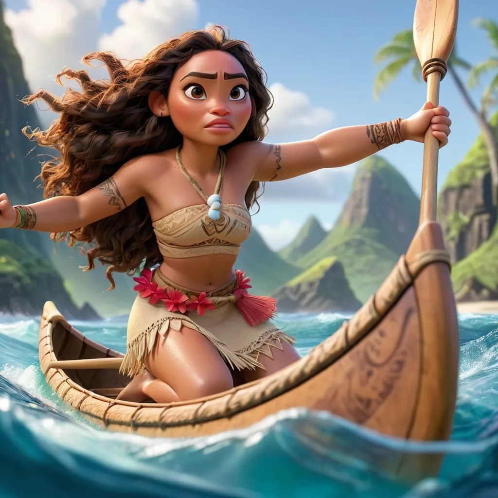 Prompt: Moana swims to her island on her canoe