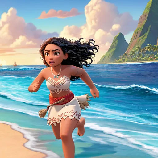 Prompt: Moana runs toward the ocean