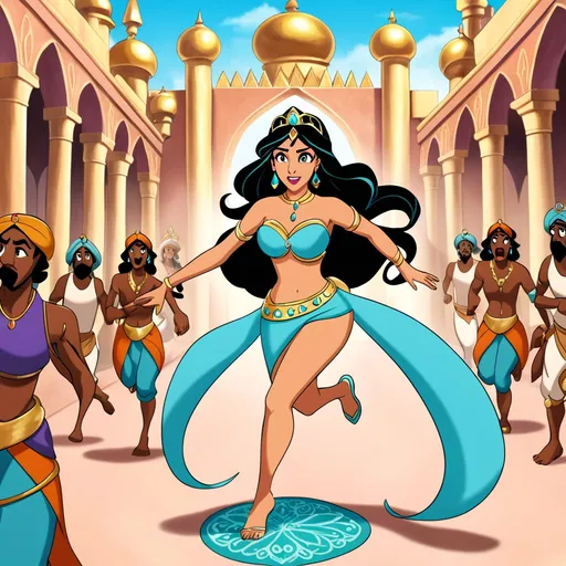 Prompt: Princess Jasmine runs to her kingdoo