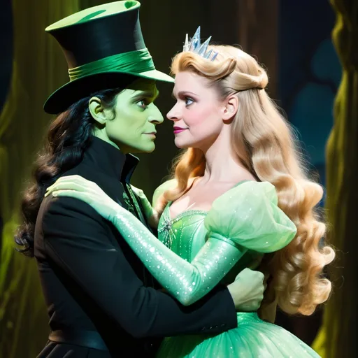 Prompt: young green Elphaba glances wistfully as Prince Fiero hugs Glinda the good