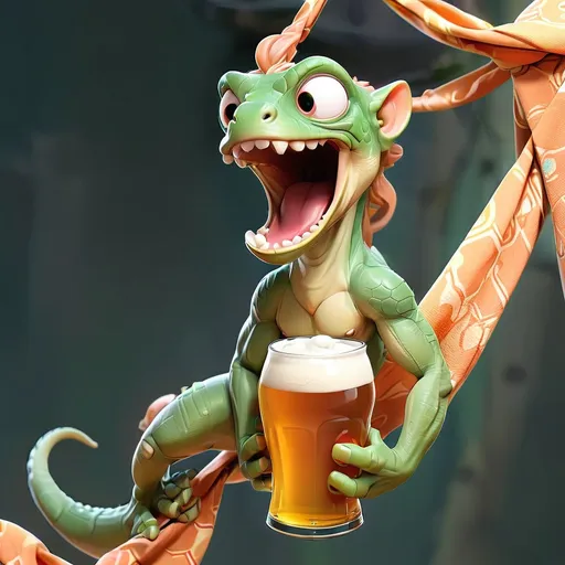 Prompt: a lizard hanging fron an aerial fabric having fun and holding a beer
