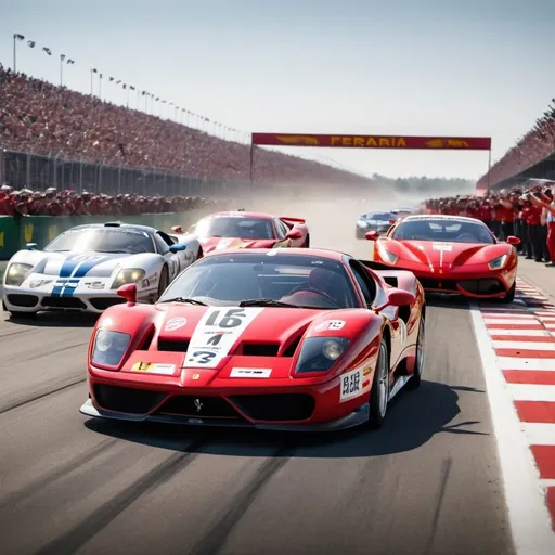 Prompt: ford versus ferrari, crossing the finish line with a photo finish