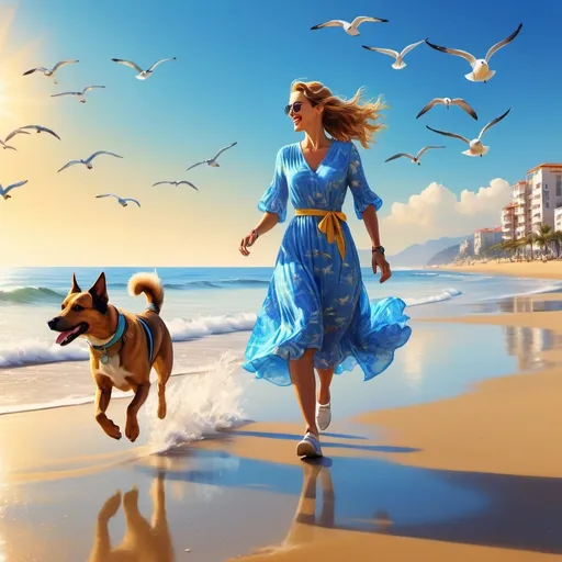 Prompt: (una donna e un cane al mare), serene coastal scene, shimmering blue ocean, golden sandy beach, woman wearing flowing summer dress, joyful dog running beside her, vibrant colors, warm sunlight, romantic atmosphere, gentle sea breeze, clear blue sky, seagulls flying in the background, ultra-detailed, 4K, high-quality, cinematic masterpiece, rich color depth