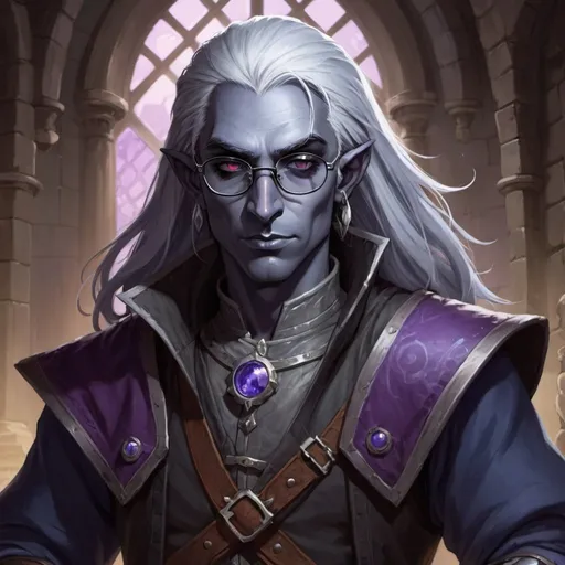 Prompt: Dungeons and dragons, drow, artificer, male, black hair, long hair, round glasses, crooked nose, grey streak in hair