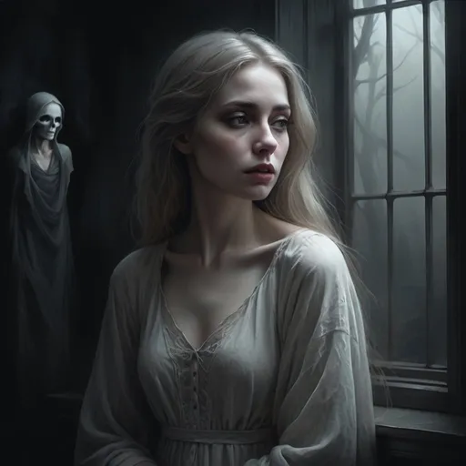 Prompt: Pale and beautiful Woman, dark and mysterious, haunting whispers, ghostly echoes, highly detailed, digital painting, eerie atmosphere, emotional storytelling, subtle lighting, dark tones, mysterious scene, solitary figure, atmospheric, professional quality