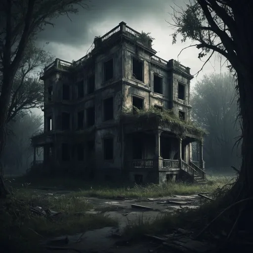 Prompt: Abandoned, canceled project, deserted, ruined, deteriorating, dystopian, post-apocalyptic, highres, detailed, digital art, dark, desolate, eerie, atmospheric lighting, cool tones, overgrown, decaying, haunting, abandoned structures, haunting, moody, dramatic shadows