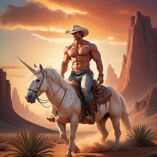 Prompt: (hunky rugged cowboy), visible muscles, riding a huge majestic unicorn, surrealistic western scene, vibrant sunset casting warm tones, dramatic shadows and highlights, expansive desert landscape, whimsical atmosphere, (iconic cowboy hat) on head, expressive determination on face, ultra-detailed, high quality, dreamy ambiance with a touch of nostalgia.